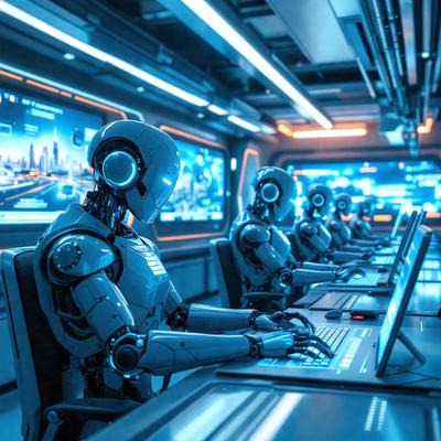 Primary subject: Robot
Setting/background: Futuristic room with multiple screens and chairs
Visual style: Digital art
Colors and mood: Blue and white, with a futuristic and technological atmosphere